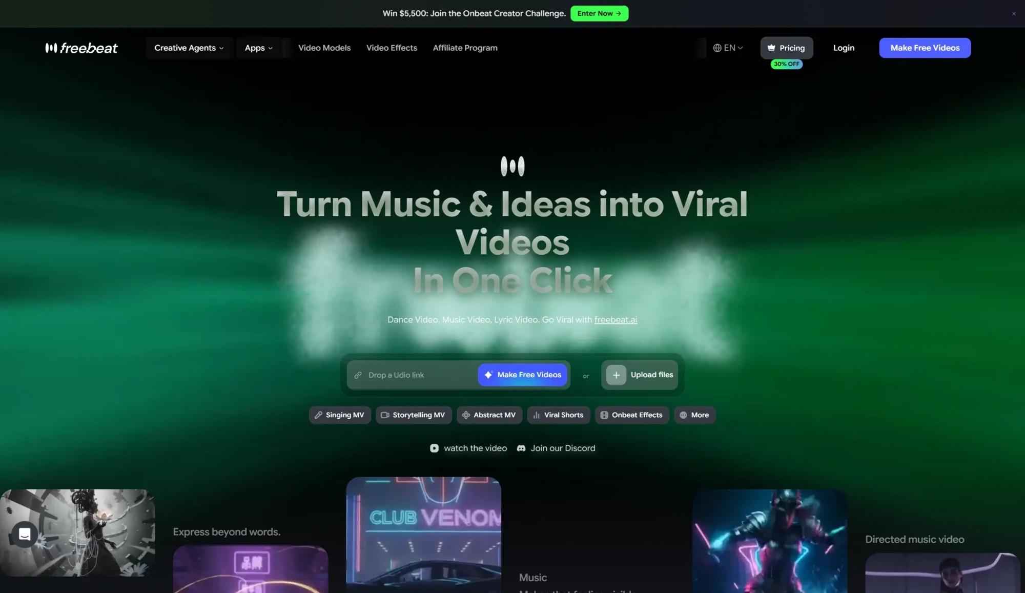 Screenshot of Freebeat’s homepage displaying the tagline Turn Music & Ideas into Viral Videos In One Click, highlighting powerful AI music video creation options to upload music, sign up, and browse various video genre tags. Uploaded on aifreeforever.com