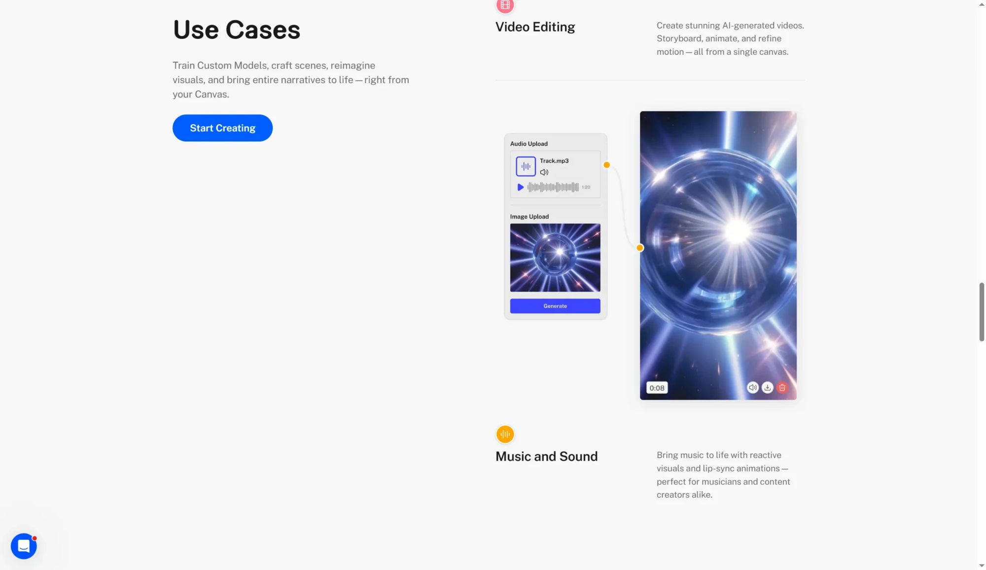 A webpage section showcases use cases for AI music video editing and creating music videos, highlighted by a futuristic blue and white light graphic with editing controls beside a Start Creating button. Uploaded on aifreeforever.com