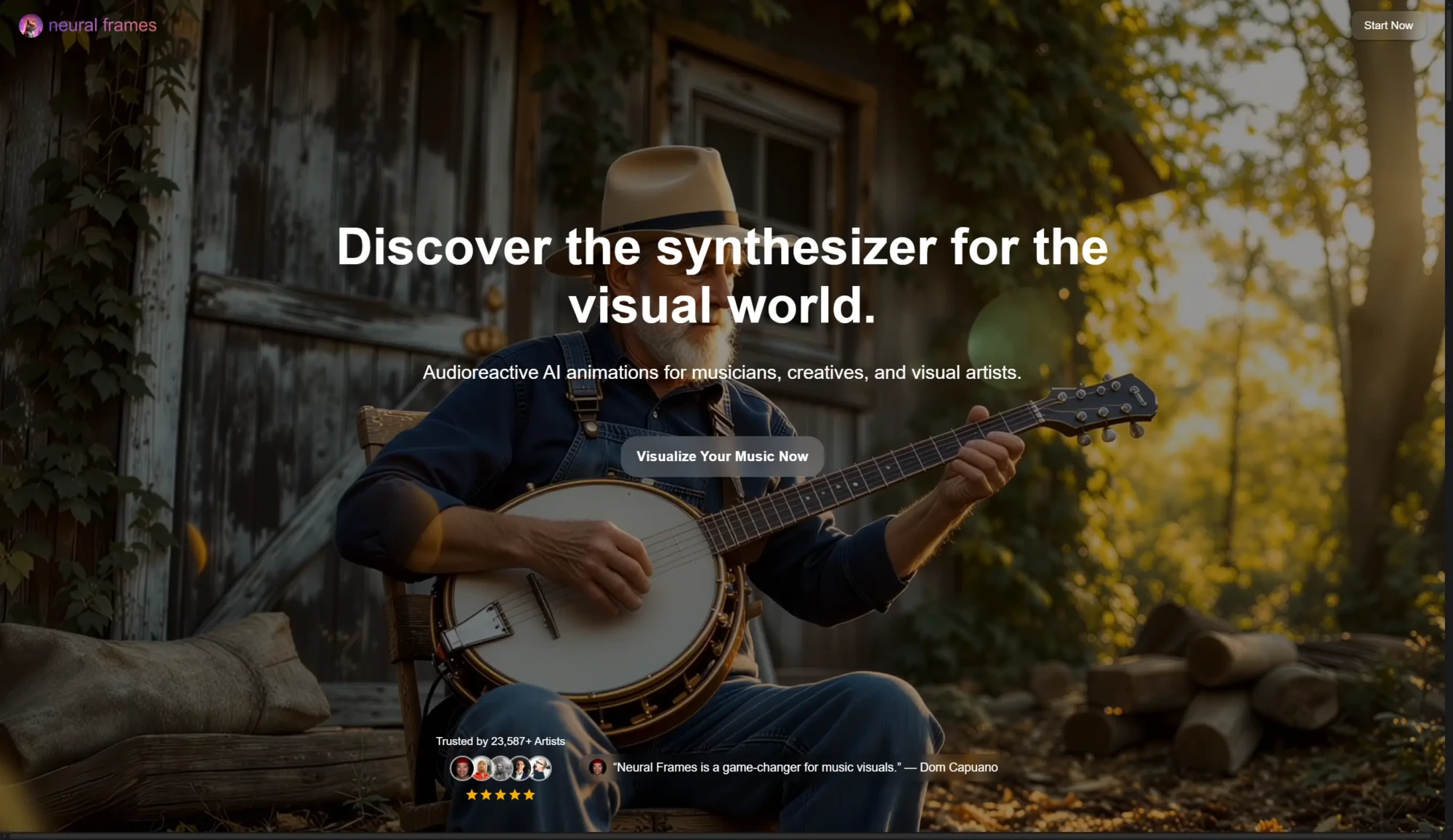 A person wearing a hat sits outdoors playing a banjo near a rustic wooden building, surrounded by greenery in warm sunlight, as website text about next-gen platforms and AI music video creation overlays the image. Uploaded on aifreeforever.com