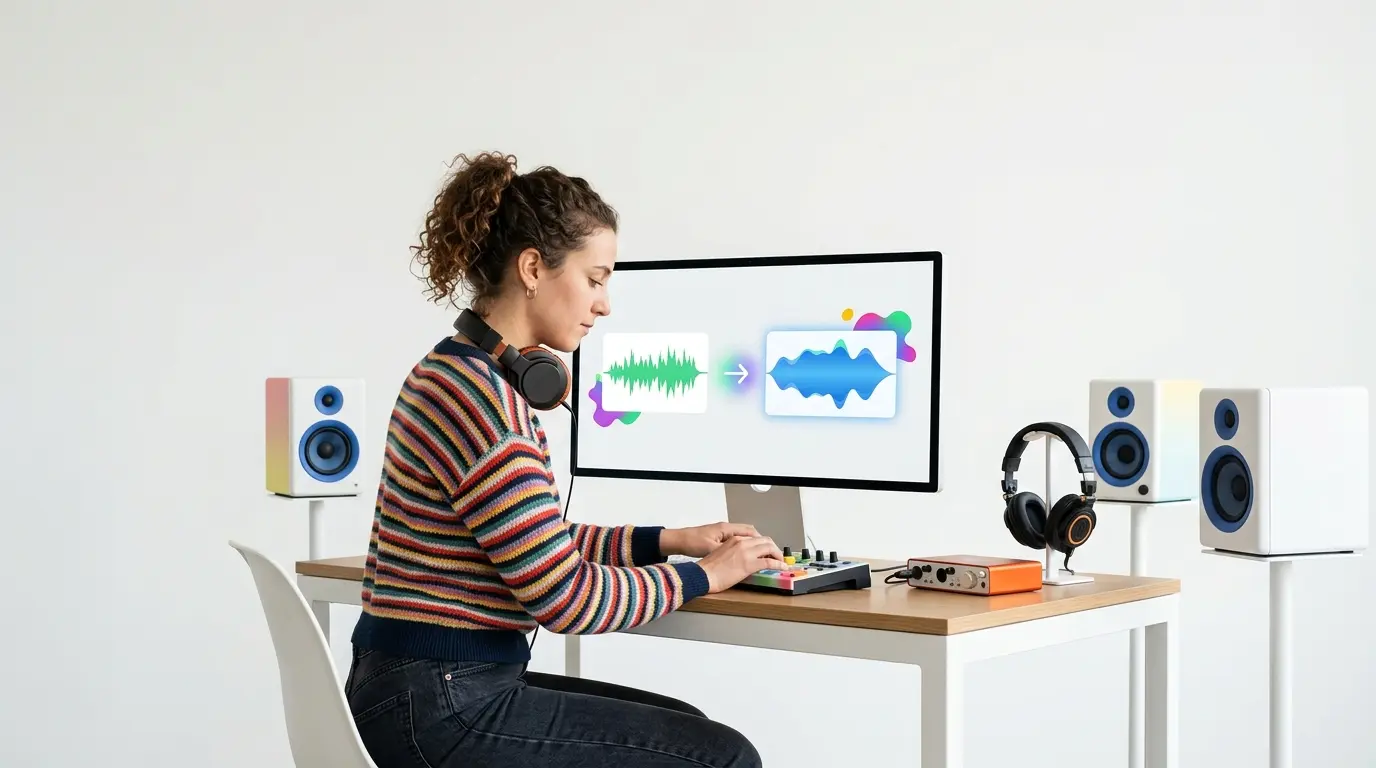 A person uses audio editing equipment at a desk with a computer, headphones, speakers, and music software displayed on the monitor—preparing tracks for a professional music release with Human Mastering. Uploaded on aifreeforever.com