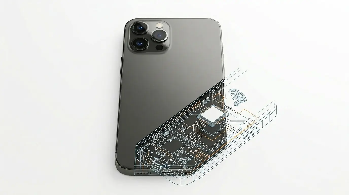 A smartphone, possibly an iPhone, lies face down with a transparent overlay revealing its internal circuit board and components—highlighting future-ready features like eSIM technology anticipated by 2026. Uploaded on aifreeforever.com