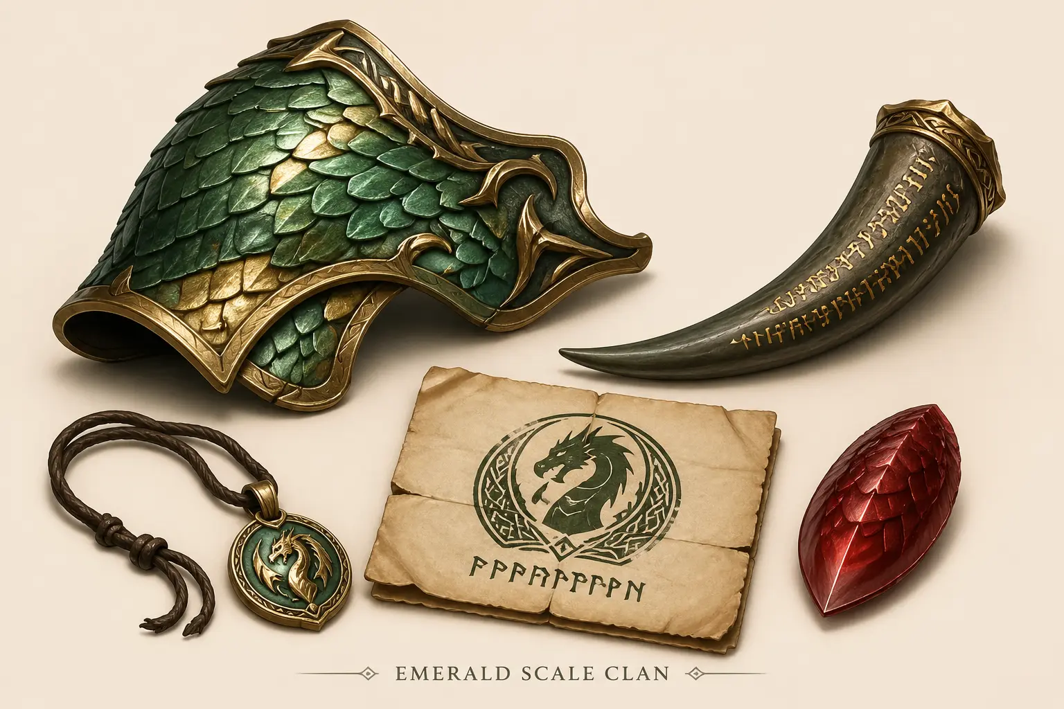Dragonborn name generator example artwork with dragon-scale pauldron and clan signet