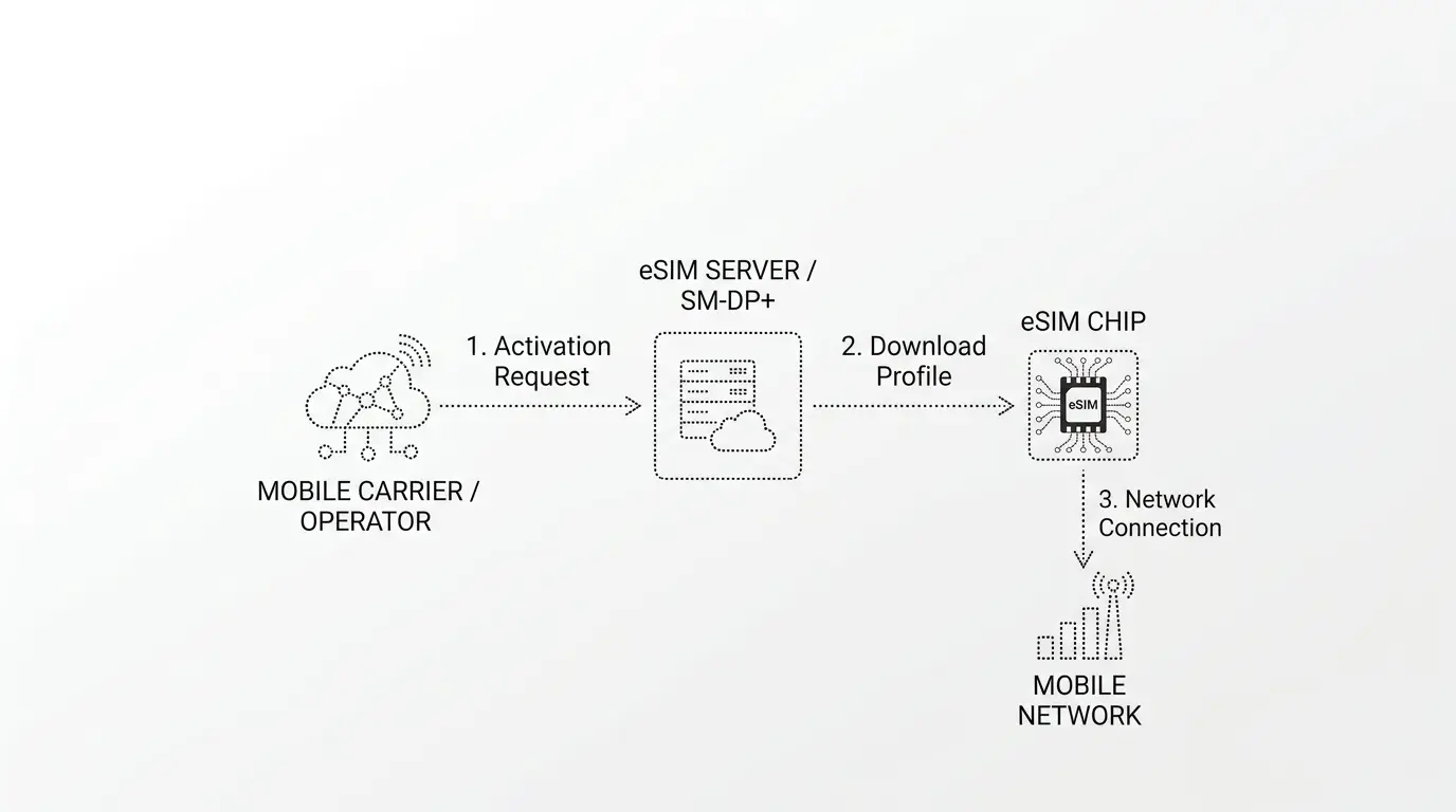 Diagram showing the eSIM activation process on an iPhone: in 2026, a mobile carrier sends an activation request to the eSIM server, the profile is downloaded to the chip, and it connects to the mobile network. Uploaded on aifreeforever.com