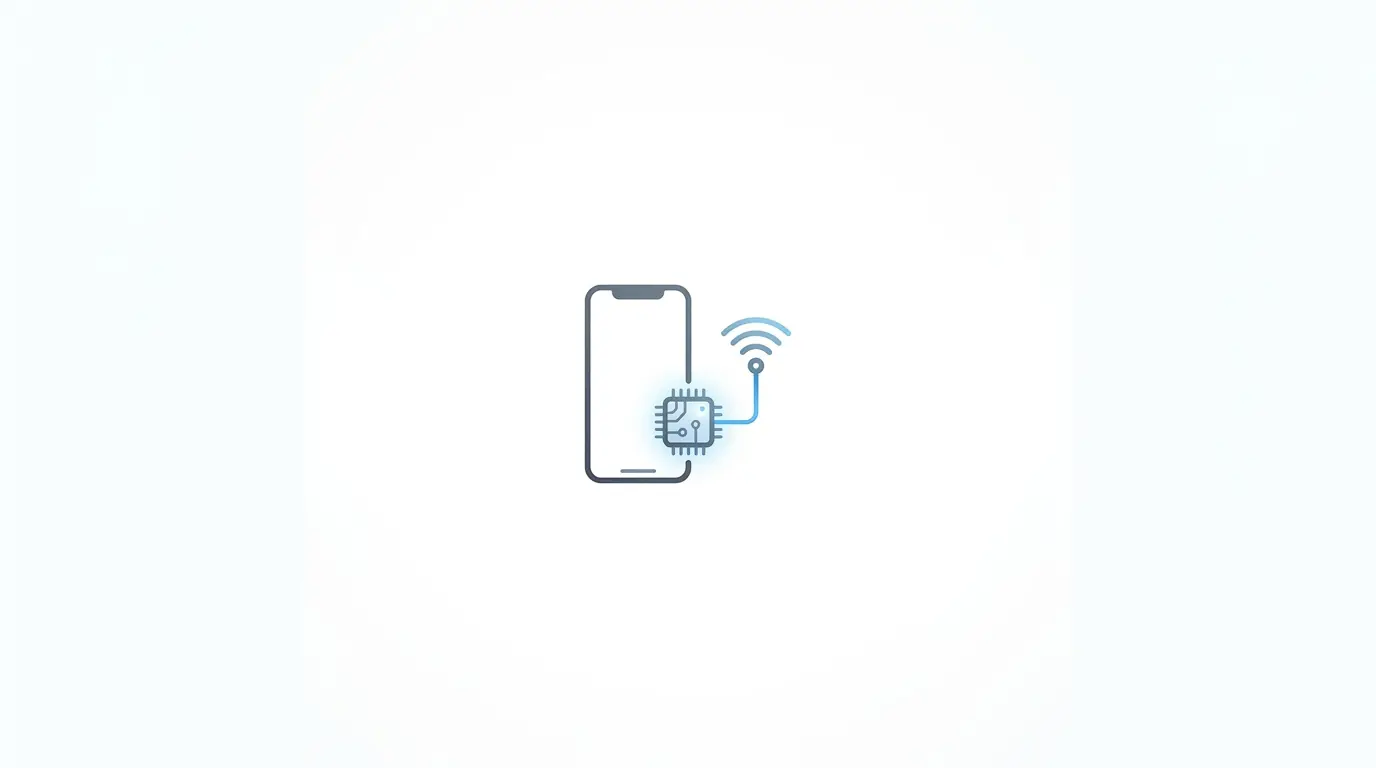 Simple illustration of a smartphone with a microchip and wireless signal icon, representing mobile technology like eSIM on an iPhone—highlighting the future of wireless communication in 2026. Uploaded on aifreeforever.com