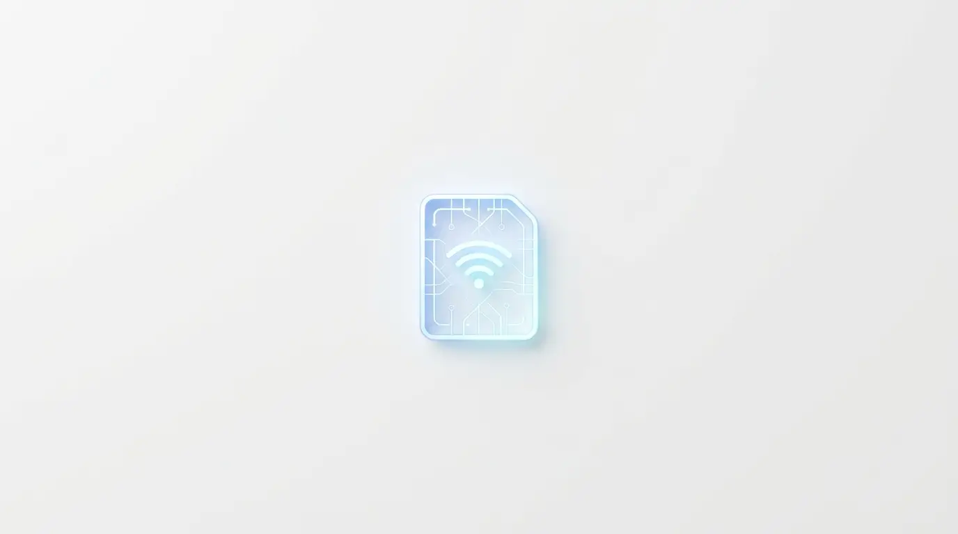 A digital illustration of an eSIM card featuring a Wi-Fi symbol in the center, displayed against a plain white background—perfect for showcasing future-ready technology on your iPhone in 2026. Uploaded on aifreeforever.com