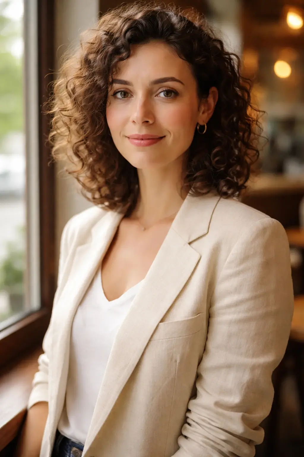 Woman with curly brown hair wearing a cream blazer and white top stands by a window, looking at the camera with a neutral expression in a softly lit indoor setting—ideal for showcasing GPT-Image 2 quality and style. Uploaded on aifreeforever.com