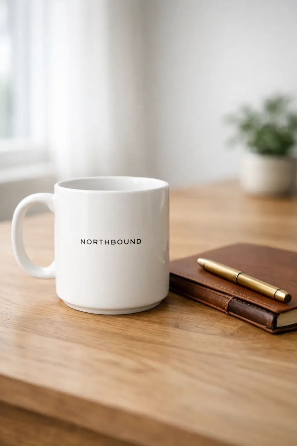 A white mug labeled NORTHBOUND sits on a wooden table next to a closed brown notebook and a gold pen, with a blurred plant in the background—perfect for reflecting on plans or conducting your own GPT-Image 2 vs GPT Image 1.5 comparison for 2026. Uploaded on aifreeforever.com