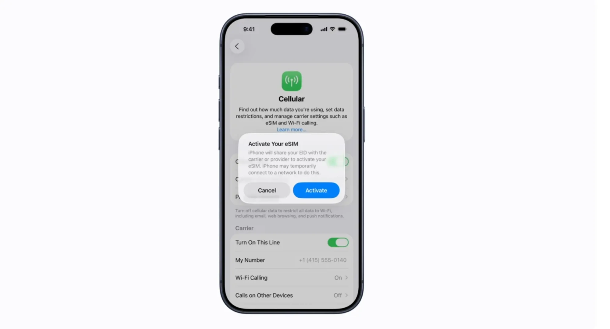 An iPhone screen displays the Cellular settings menu with a pop-up prompting to activate an eSIM, offering Cancel and Activate buttons—a glimpse into iPhone’s seamless connectivity as we approach 2026. Uploaded on aifreeforever.com