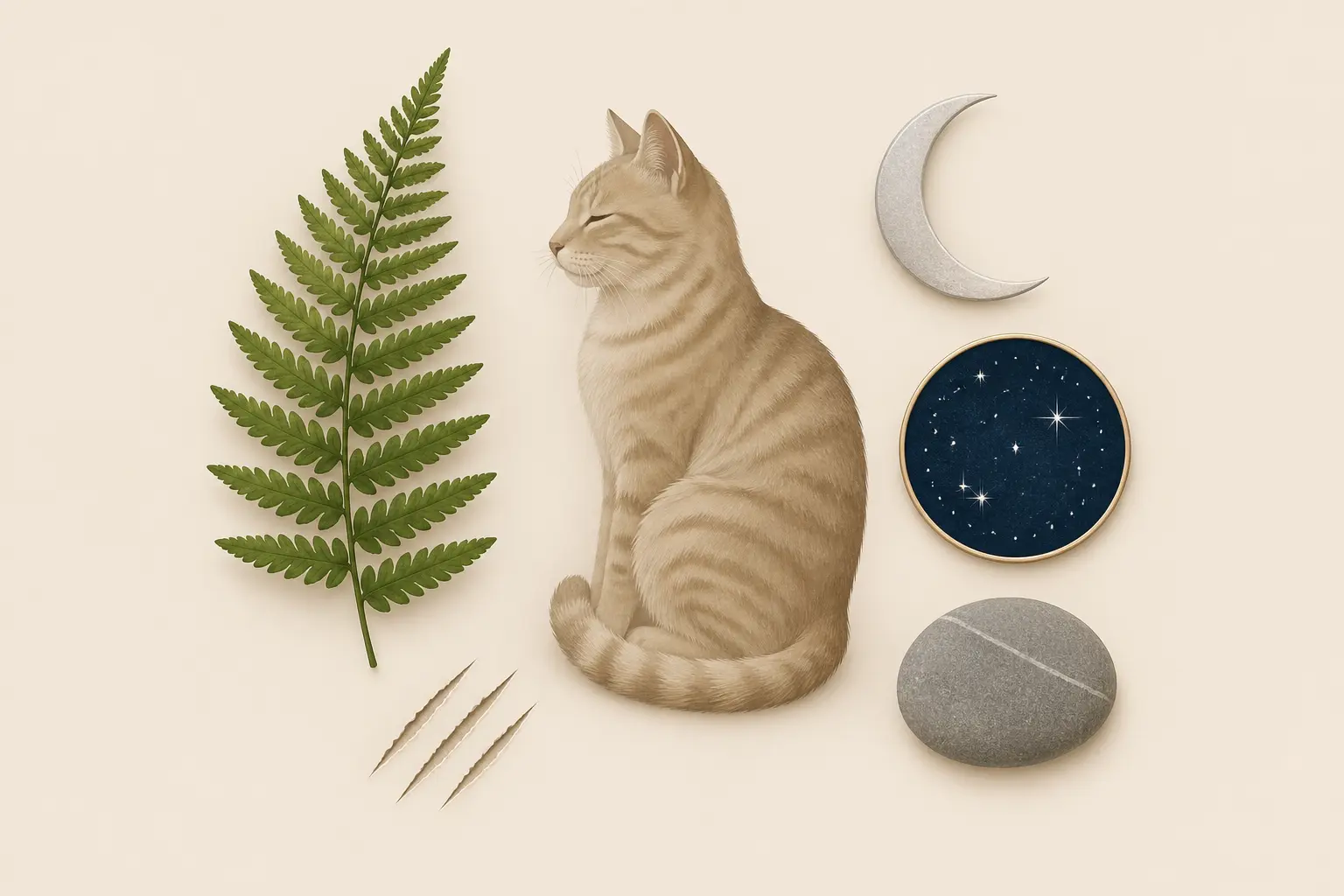 Warrior cat name generator example artwork with a tabby cat, fern leaf and starry sky