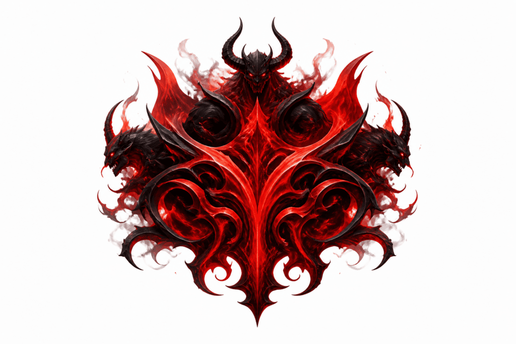 Abstract illustration of a demonic face with horns and fiery red, black, and white swirling patterns forming symmetrical shapes. Uploaded on aifreeforever.com