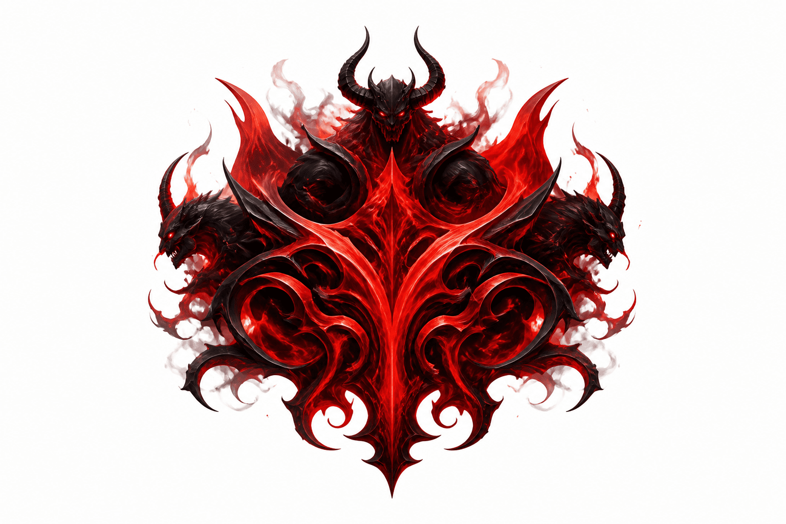 Abstract illustration of a demonic face with horns and fiery red, black, and white swirling patterns forming symmetrical shapes. Uploaded on aifreeforever.com