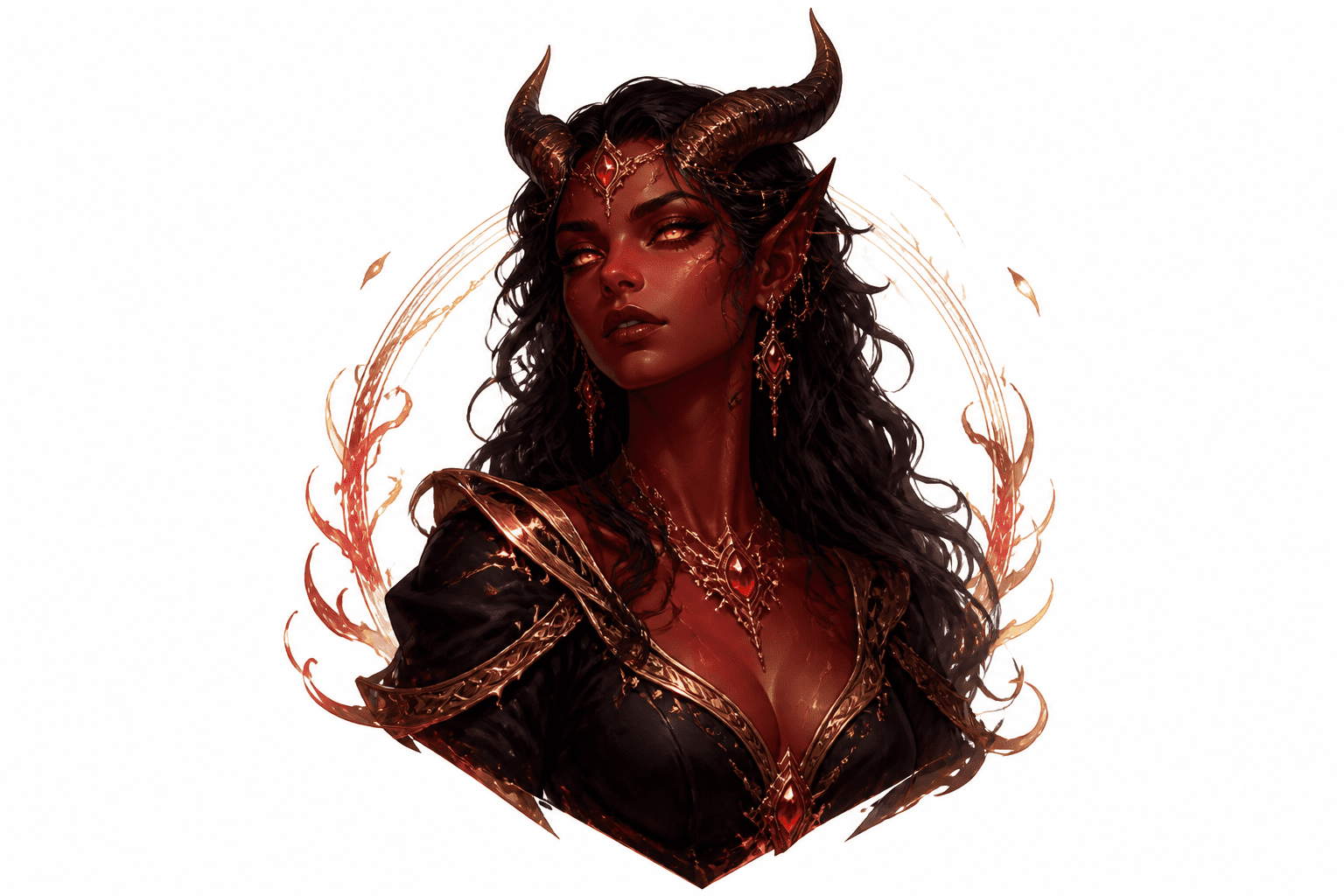 A woman with dark skin, black hair, gold jewelry, and prominent horns wears a black and gold outfit with red gemstones. Ornate fiery accents surround her against a white background. Uploaded on aifreeforever.com