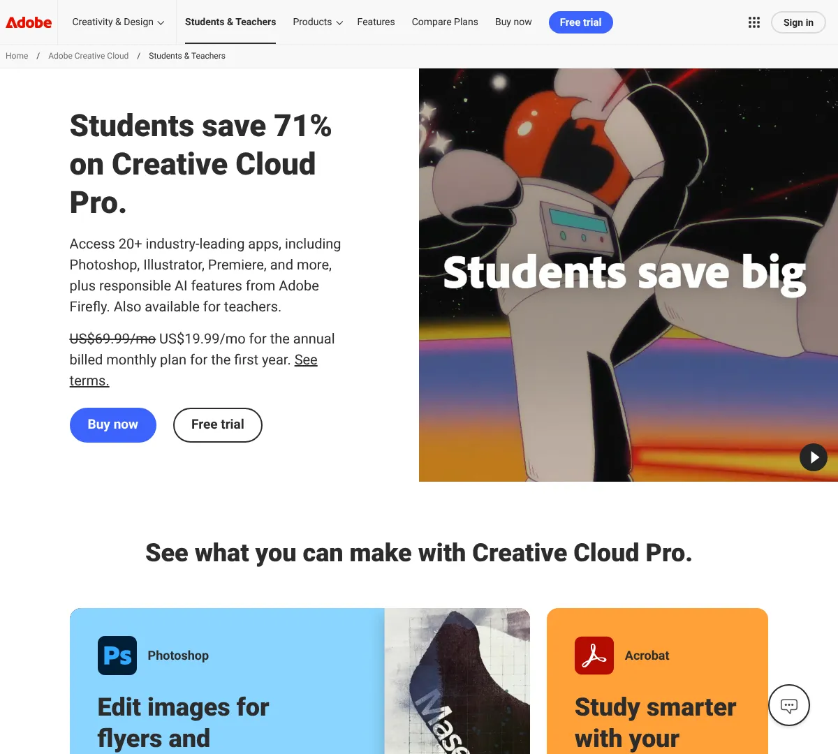 Adobe Creative Cloud Pro for students and teachers landing page