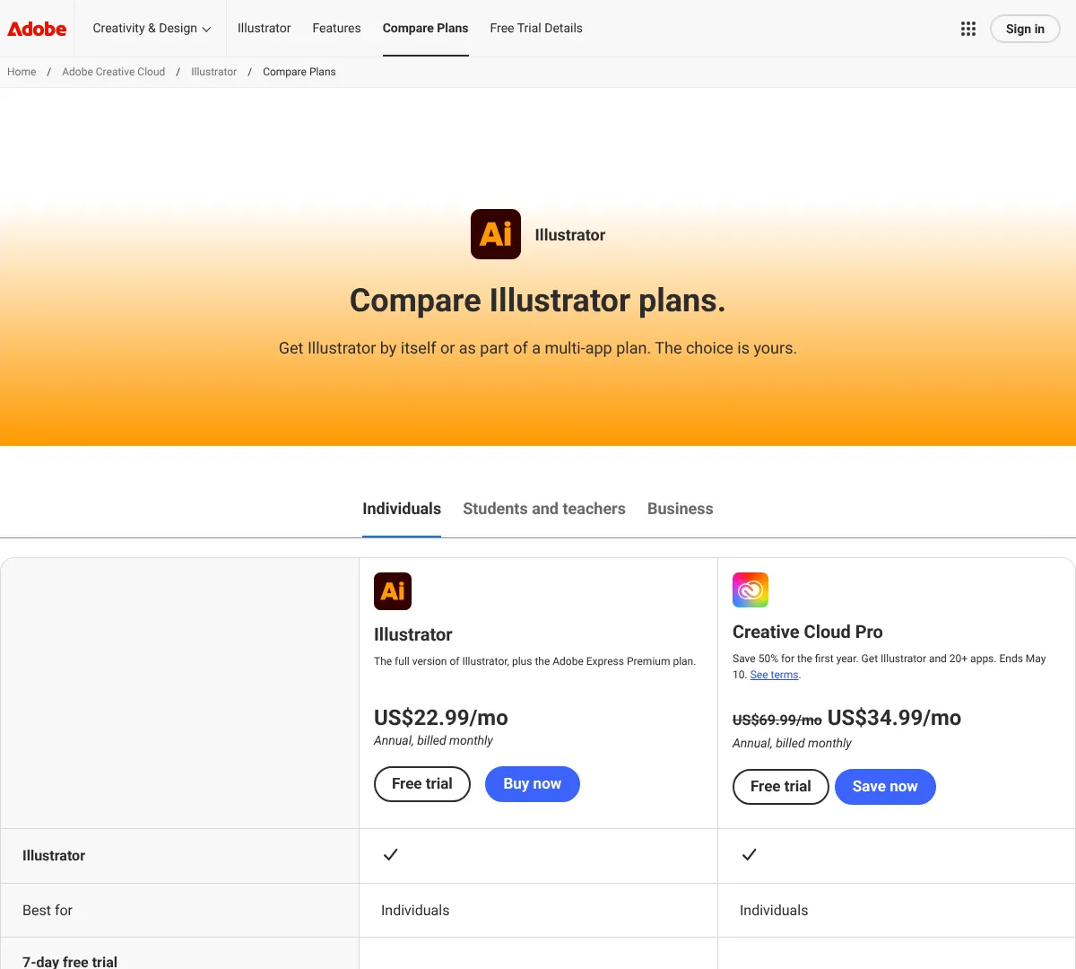 Adobe pricing screenshot