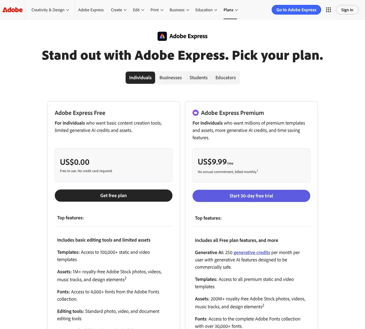 Adobe pricing screenshot