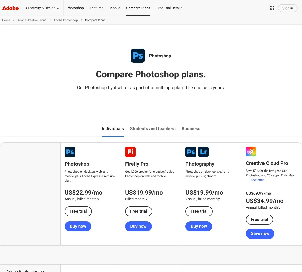 Adobe pricing screenshot
