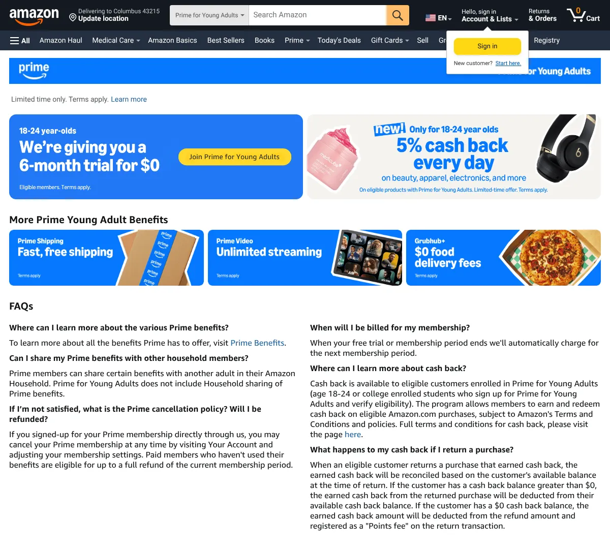 Amazon Prime Student landing page