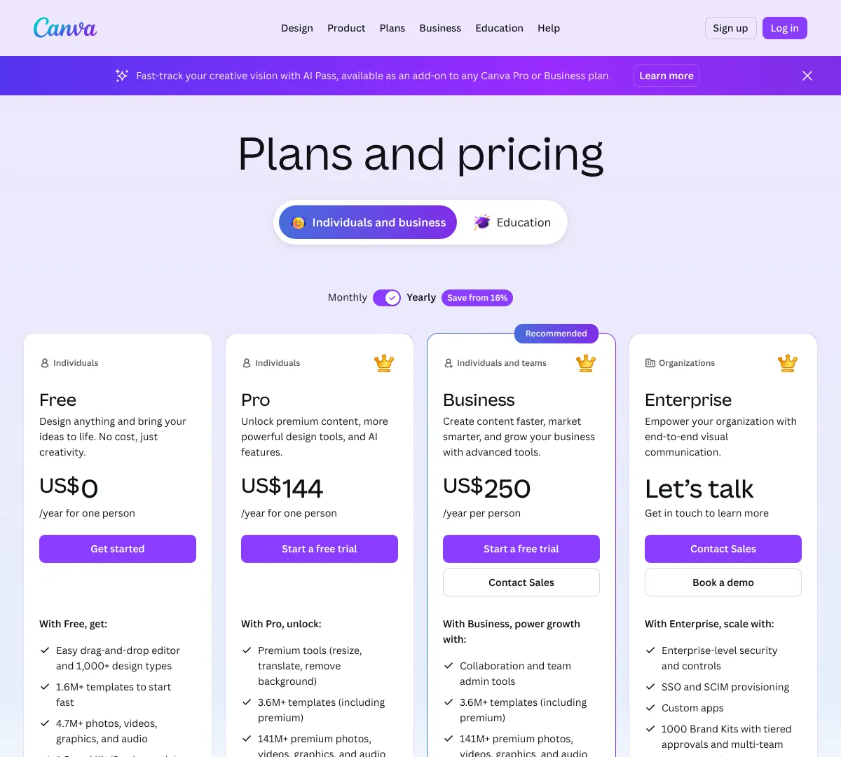 Canva pricing screenshot