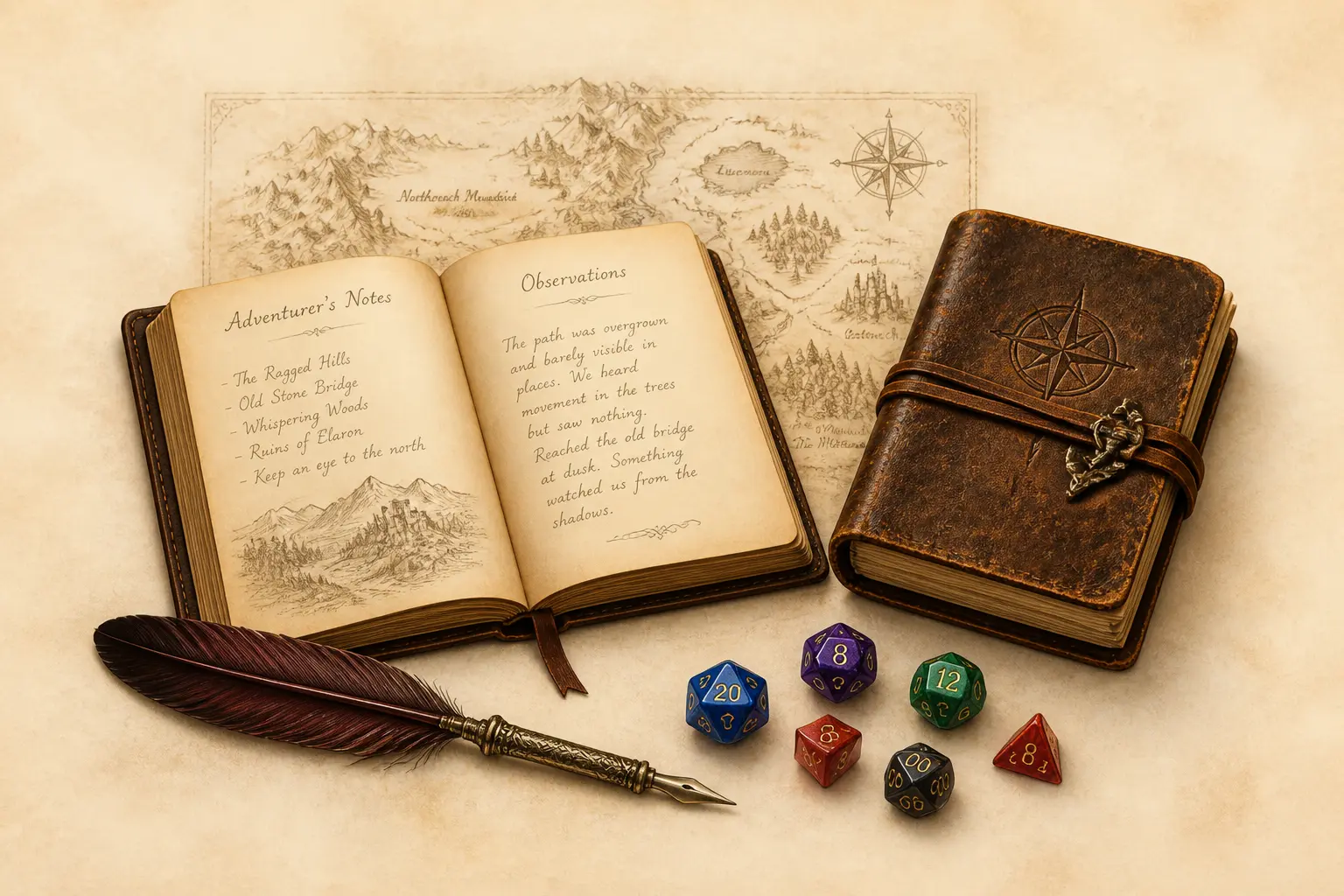 Character names for fiction writers and game designers - quill, notebook, dice and story props