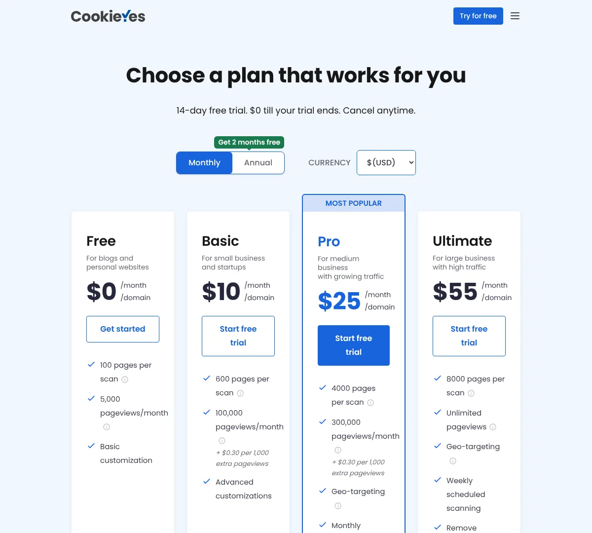 Cookieyes pricing screenshot