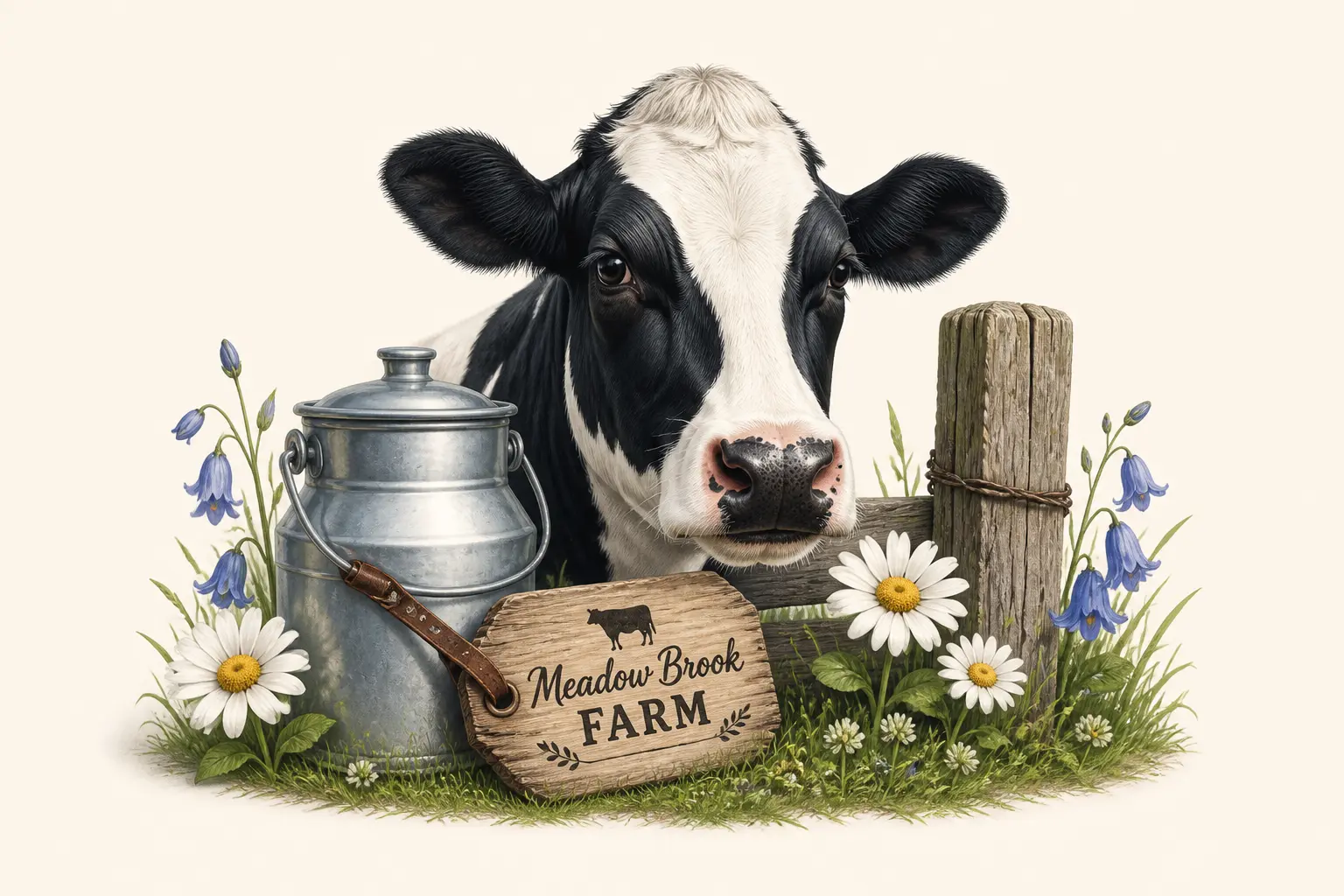 Cow names example artwork with a friendly Holstein cow, milk pail and farm meadow