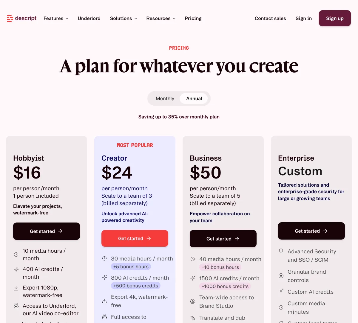 Descript pricing screenshot