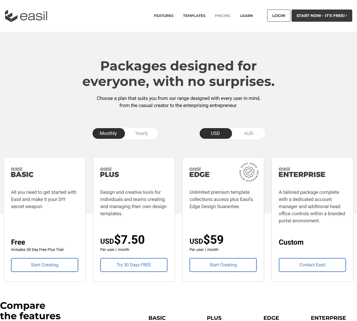 Easil pricing screenshot