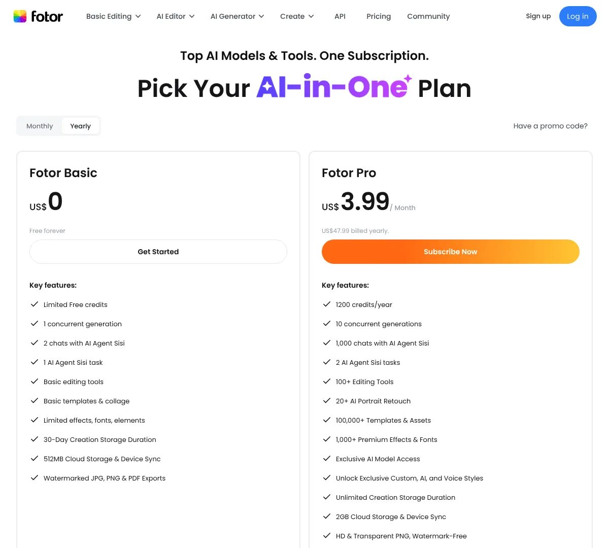 Fotor pricing screenshot
