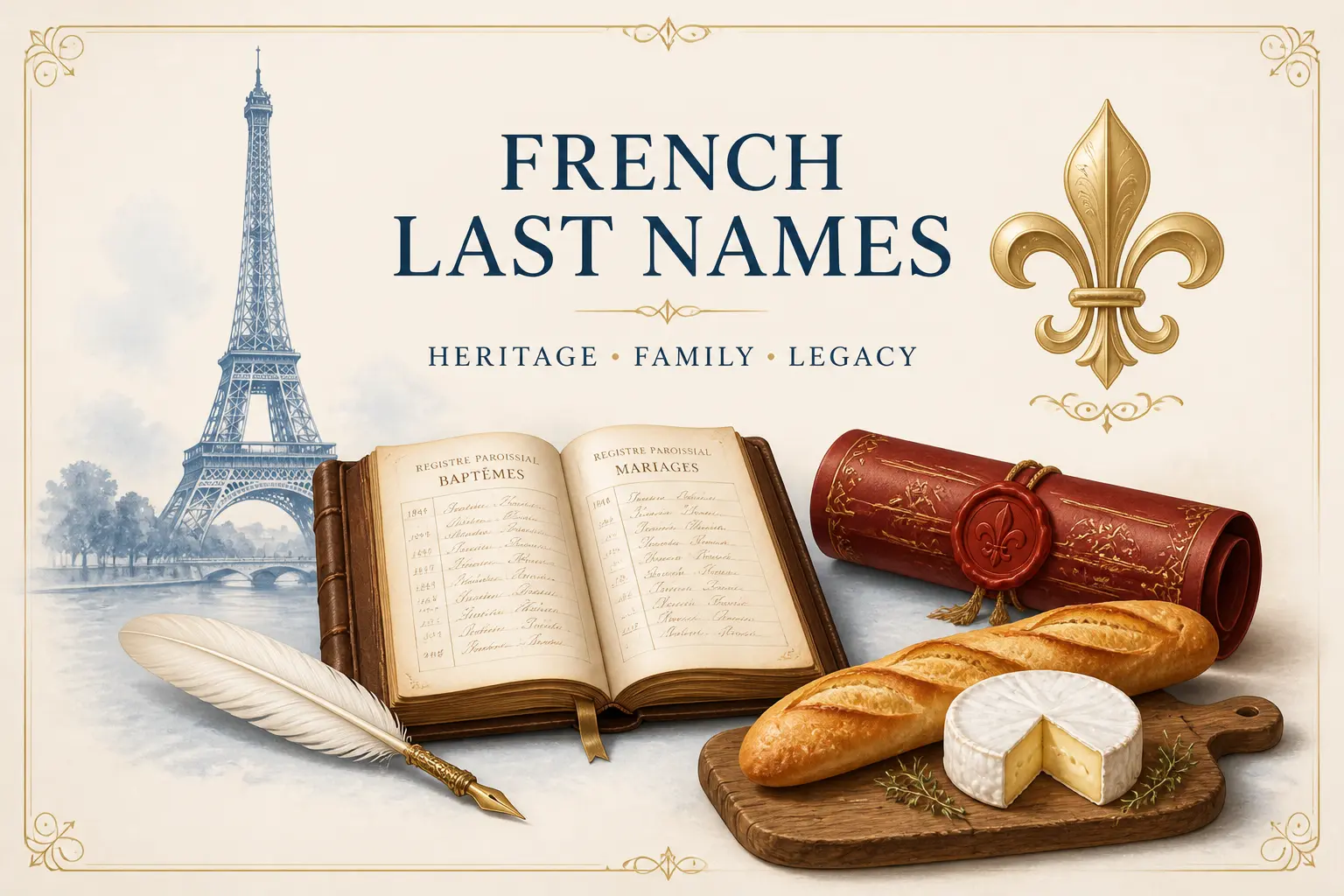 French last names artwork with Eiffel Tower, fleur-de-lis and parchment register