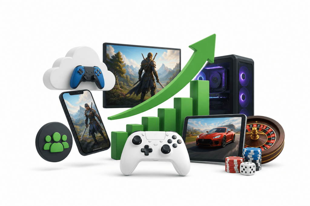 A collection of gaming devices, charts with an upward arrow, a roulette wheel, poker chips, and dice, symbolizing growth in online gaming and gambling. Uploaded on aifreeforever.com
