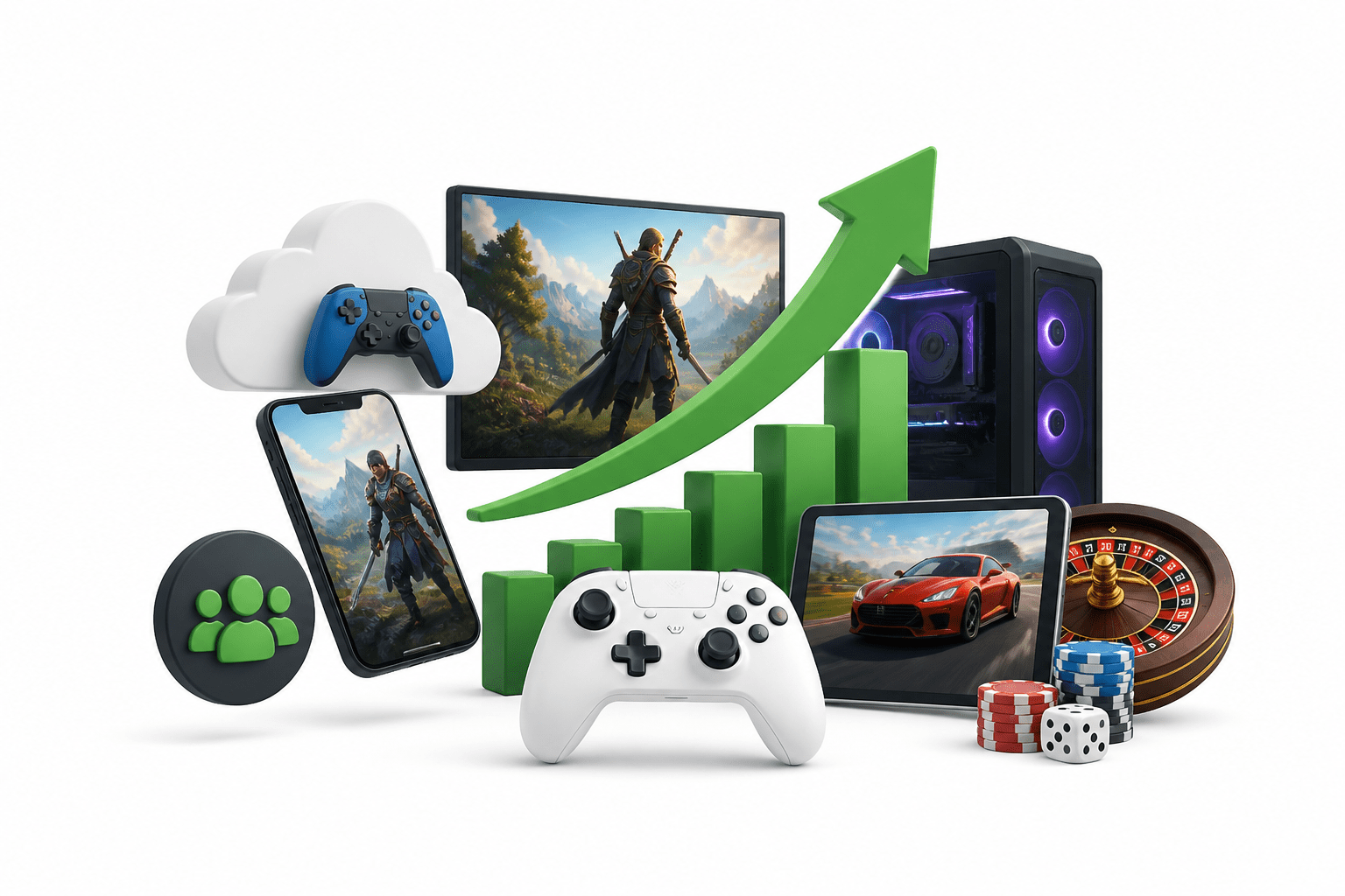 A collection of gaming devices, charts with an upward arrow, a roulette wheel, poker chips, and dice, symbolizing growth in online gaming and gambling. Uploaded on aifreeforever.com