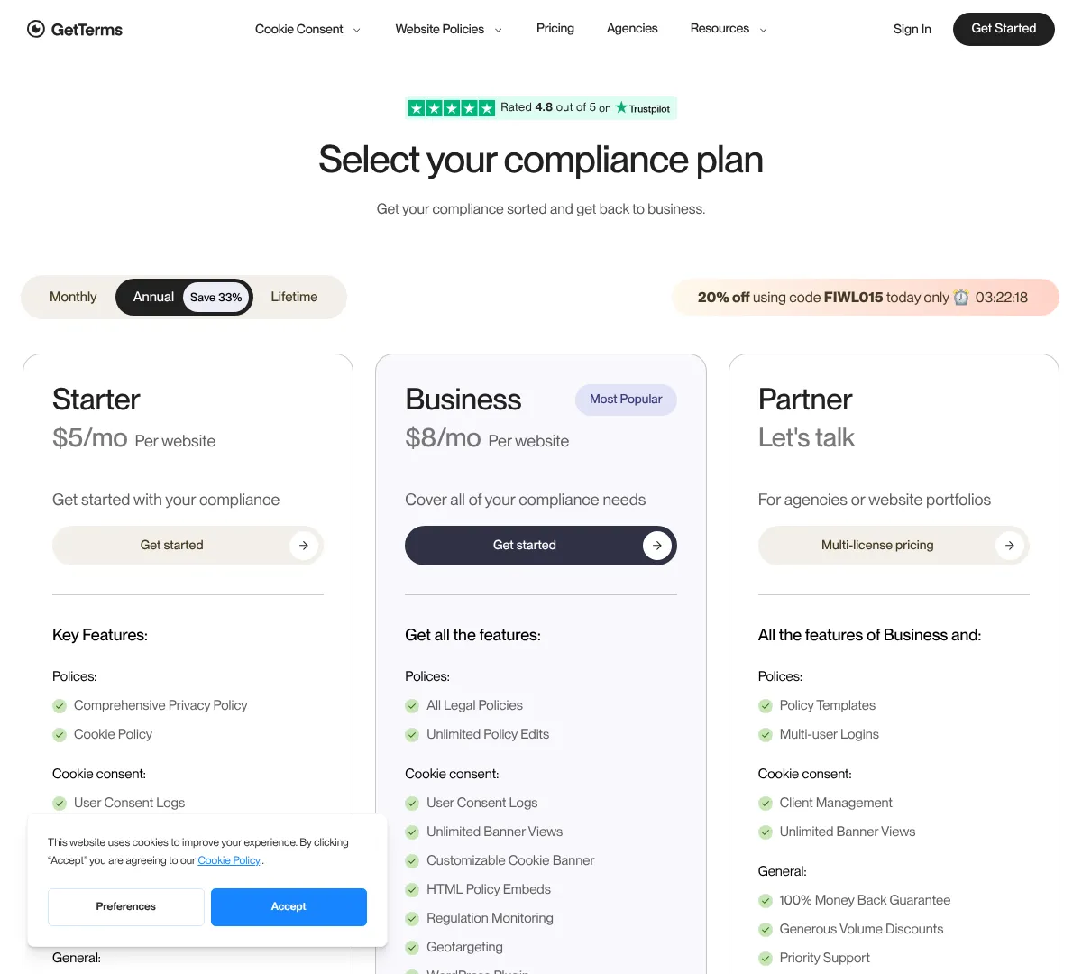 Getterms pricing screenshot