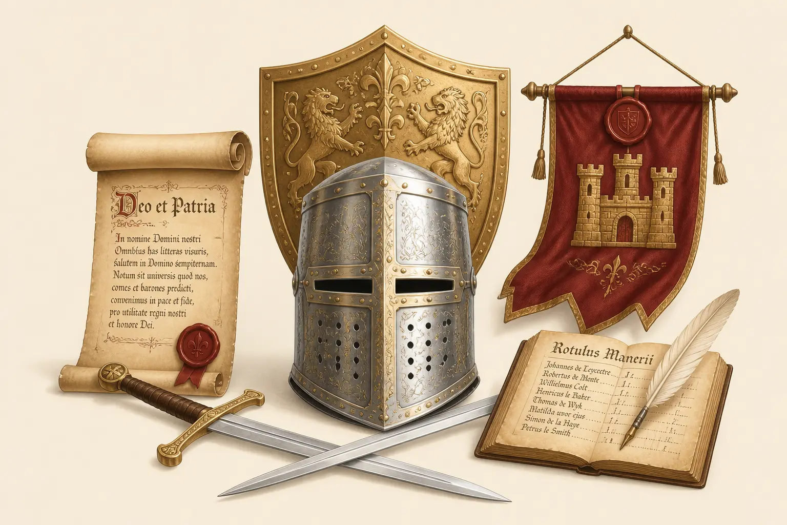 Medieval names artwork with castle banner, sword and parchment scroll