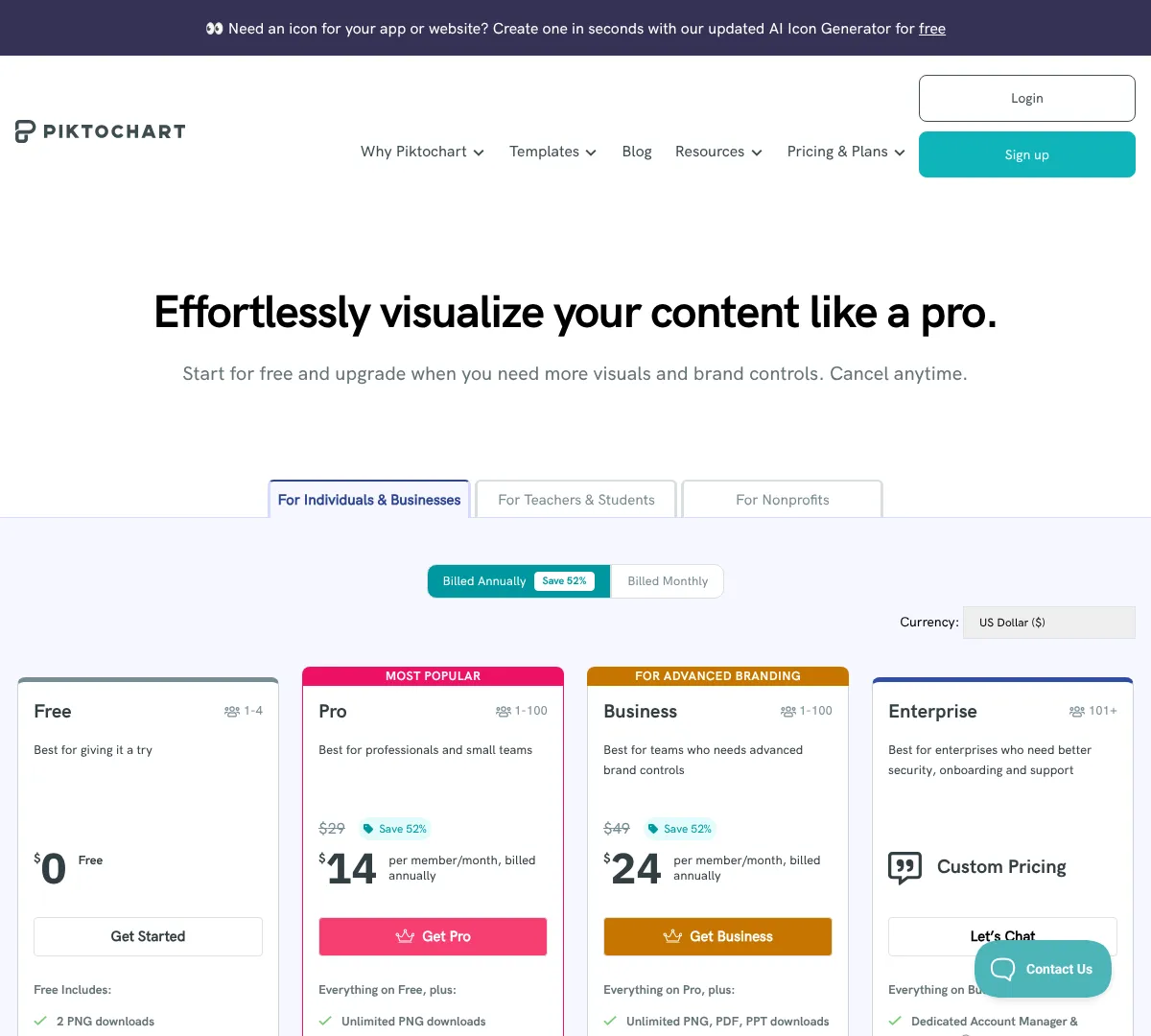 Piktochart pricing screenshot