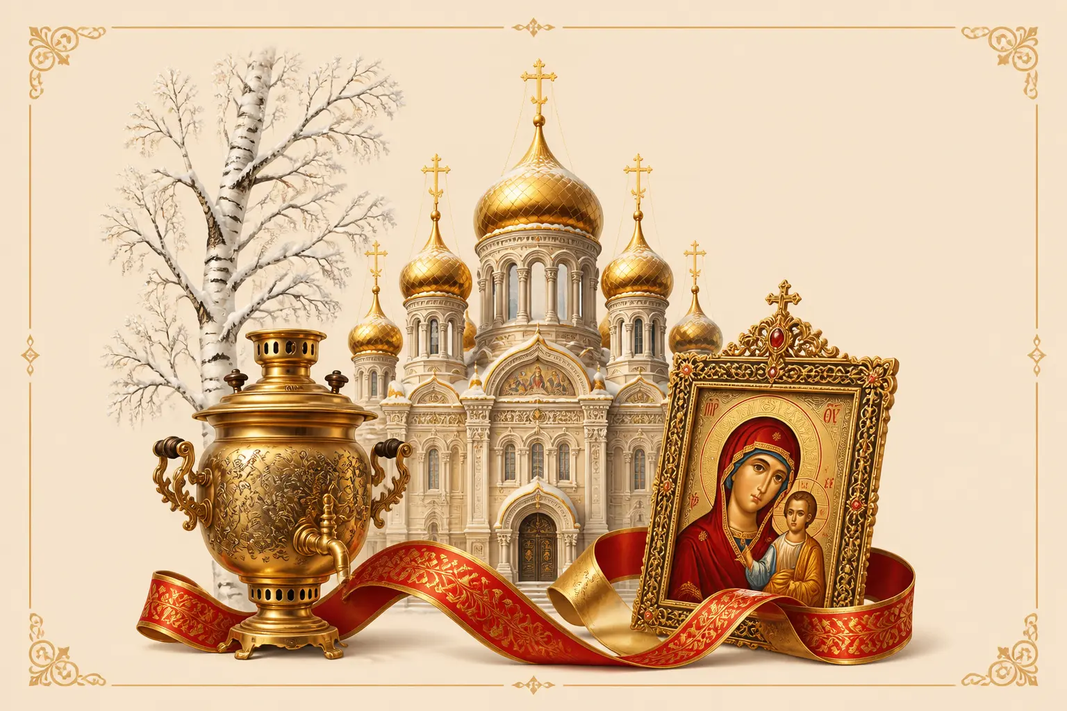 Russian names example artwork with onion-dome cathedral and birch trees