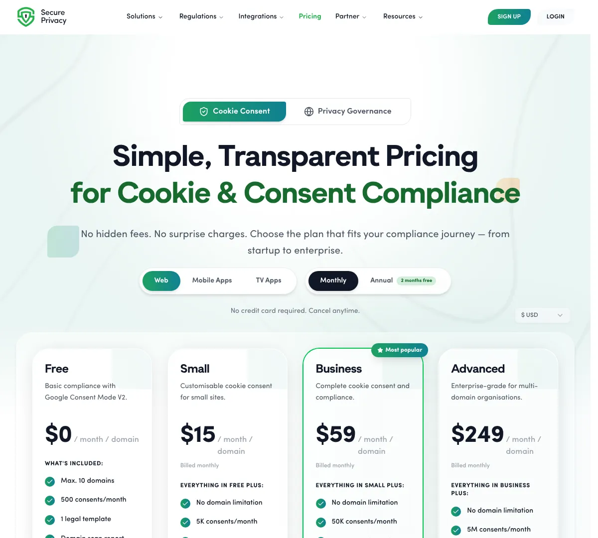 Secureprivacy pricing screenshot