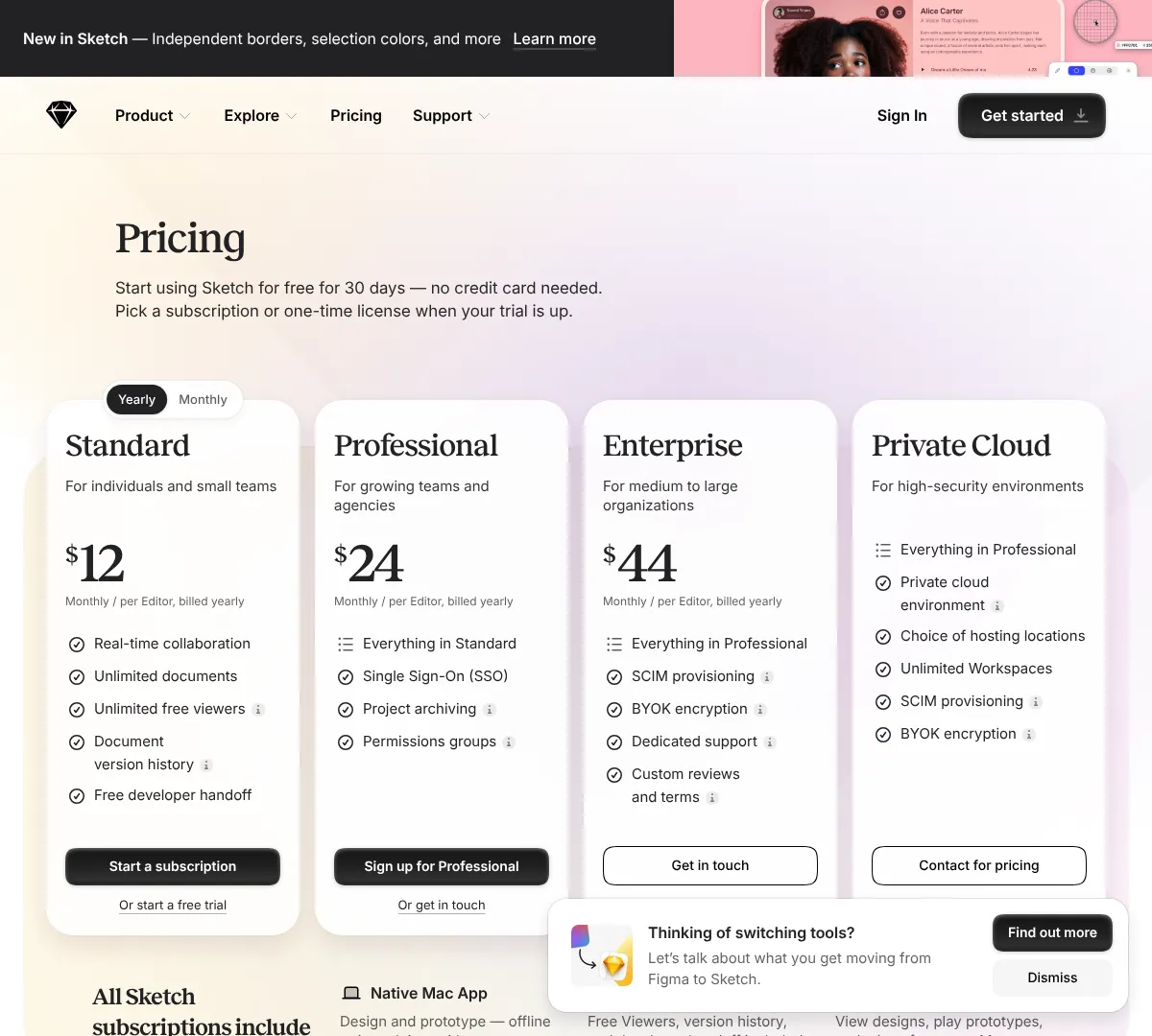 Sketch pricing screenshot