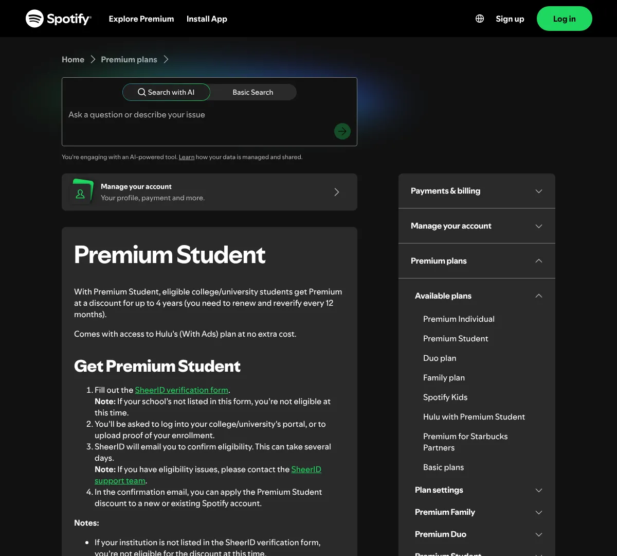 Spotify student discount screenshot of https://support.spotify.com/us/article/premium-student/