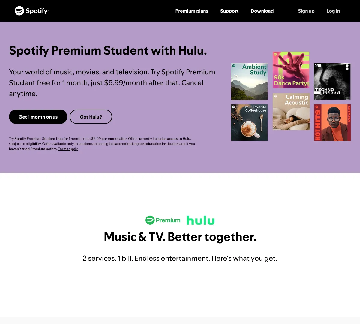 Spotify student discount screenshot of https://www.spotify.com/us/student/