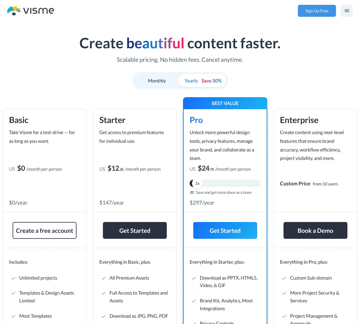 Visme pricing screenshot