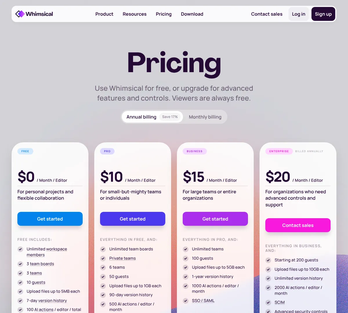 Whimsical pricing screenshot